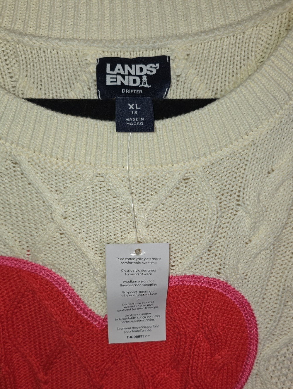 Lands' End Women's Cream Cable Knit Sweater with Pink Heart XL / 18 Drifter - Picture 2 of 6